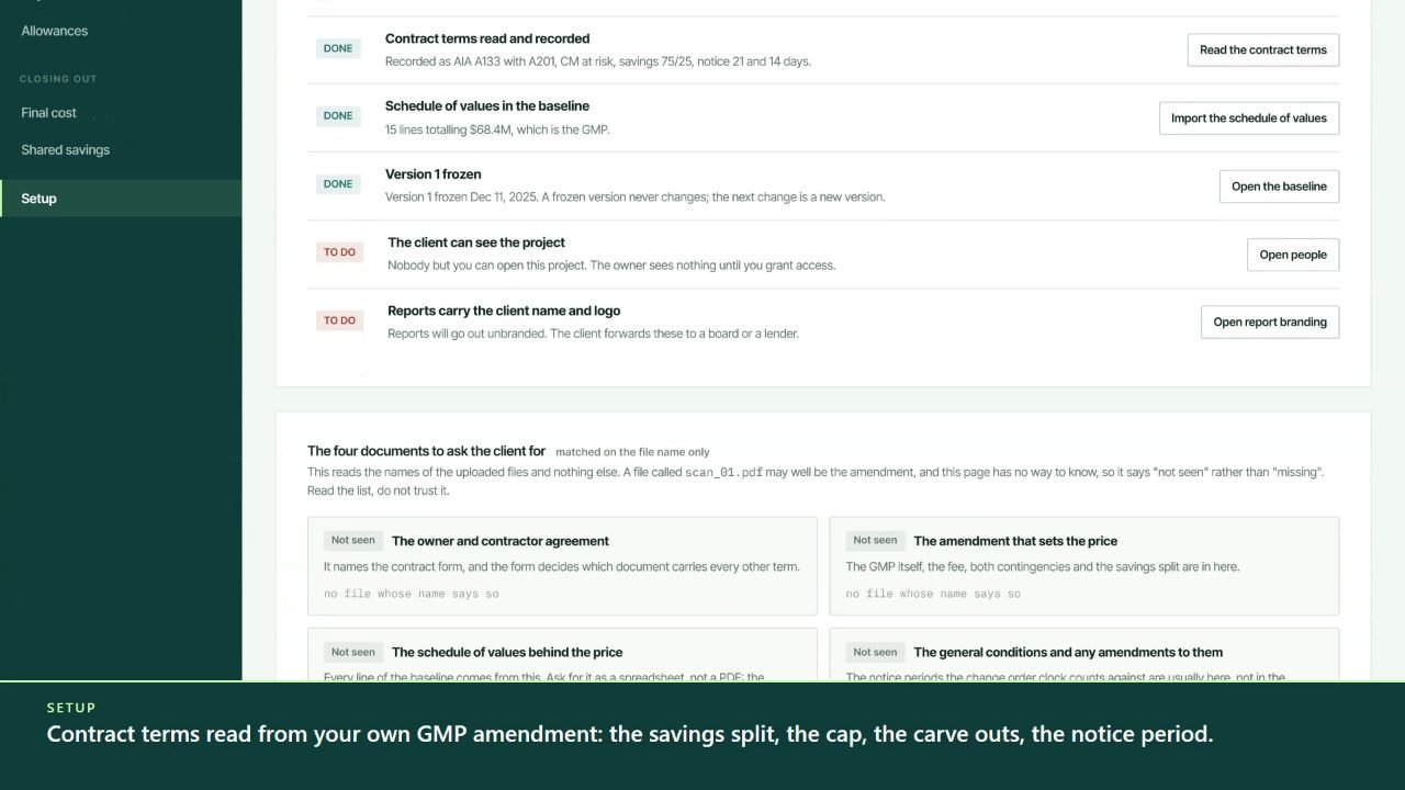 A frame from the film: Set up a GMP project from the amendment and the schedule of values